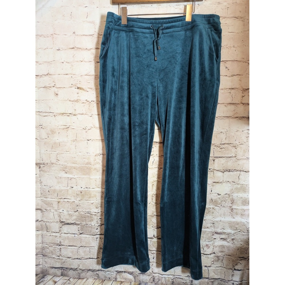 Weekends by Chico's Velour Pants Large Dark Teal Green Wide Leg Elastic Waist